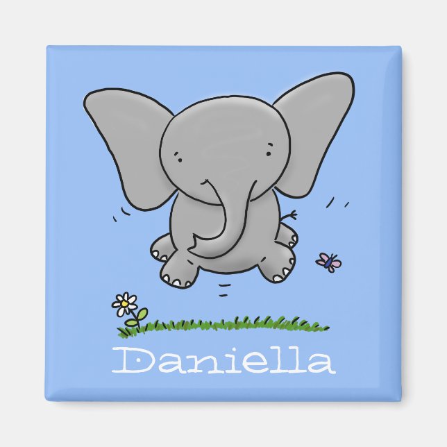 Adorable cute baby elephant jumping illustration magnet (Front)