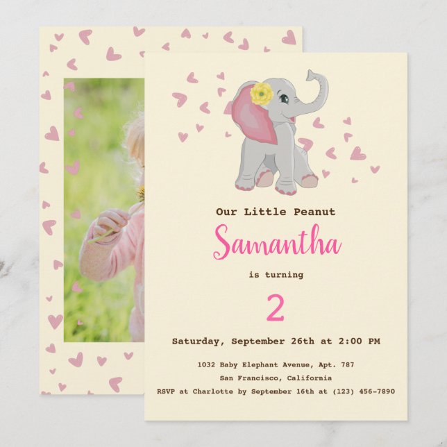 Adorable Cute Baby Elephant Pink & Gray Birthday Invitation (Front/Back)