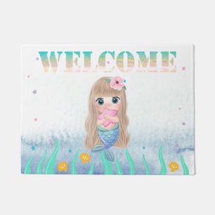Adorable Cute Baby Mermaid, Seashells Doormat