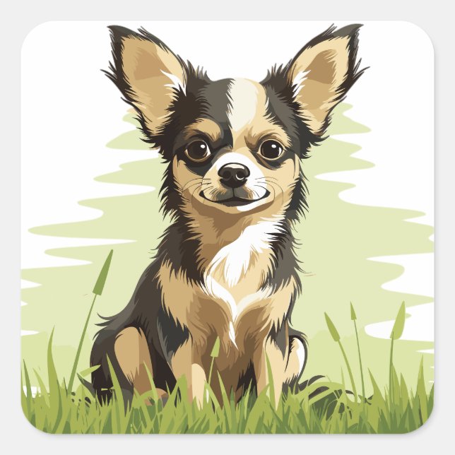Adorable Cute Black, Tan & White Chihuahua Puppy Square Sticker (Front)