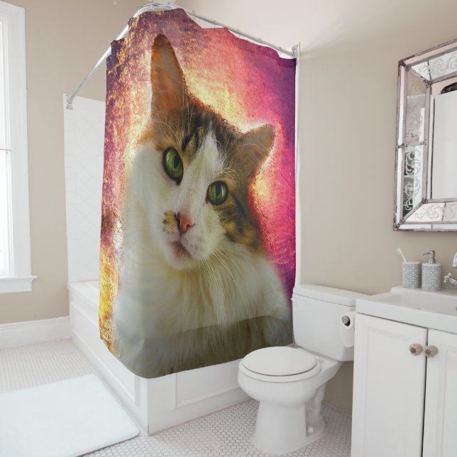 Adorable Cute Calico Cat Shower Curtain (In Situ)
