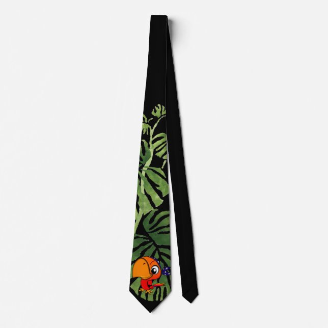 Adorable Cute Cartoon Parrot,Palm Leaf,Black Tie (Front)