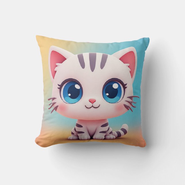 Adorable Cute Cartoon White Kitten Cushion (Front)