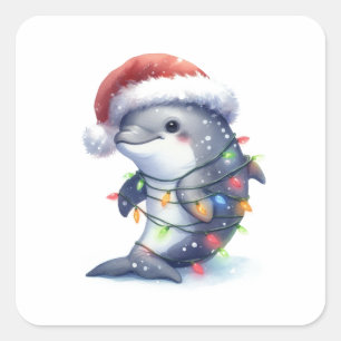 Adorable Cute Christmas Dolphin Square Sticker