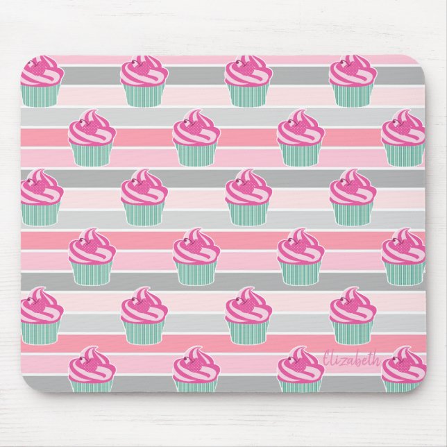 Adorable Cute Cupcakes, Stripes -Personalised Mouse Mat (Front)