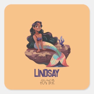 Adorable Cute Elegant Mermaid with Kids Name Square Sticker