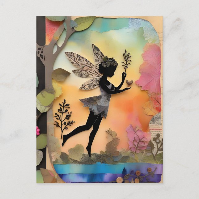 Adorable Cute Fairy Mixed Media Collage Postcard (Front)