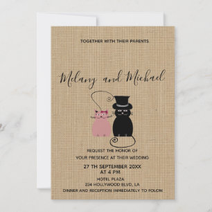 Adorable cute funny cartoon cats in love burlap invitation