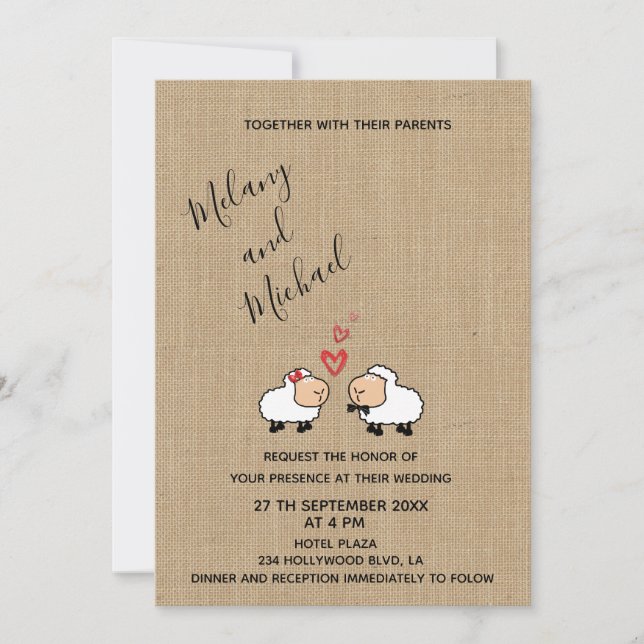 Adorable cute funny cartoon sheep in love burlap invitation (Front)