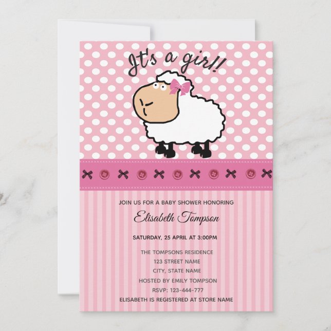 Adorable cute funny cartoon sheep pink baby shower invitation (Front)