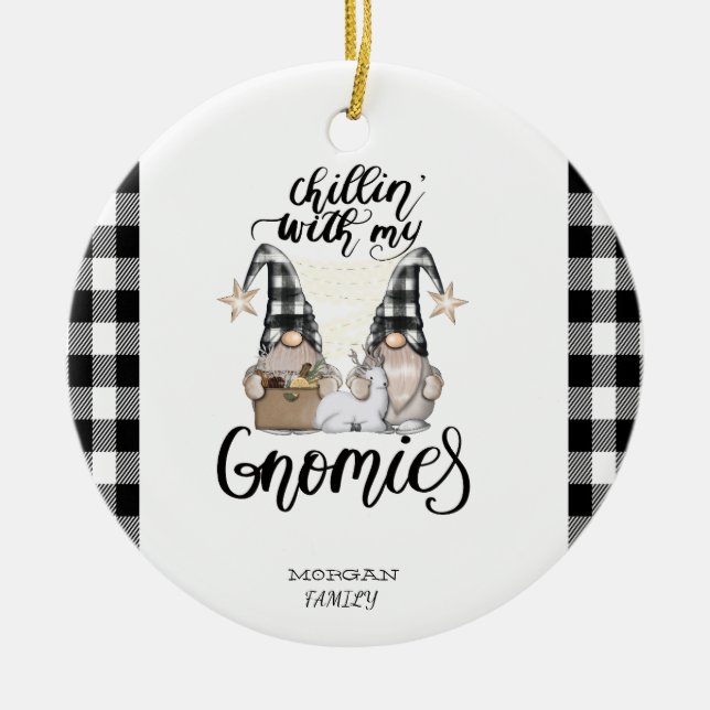 Adorable Cute Gnomes Black Buffalo Plaid Ceramic Tree Decoration (Front)