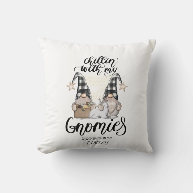 Adorable Cute Gnomes Black Buffalo Plaid Cushion (Front)