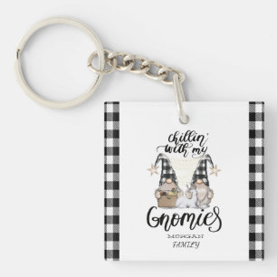 Adorable Cute Gnomes Black Buffalo Plaid Key Ring