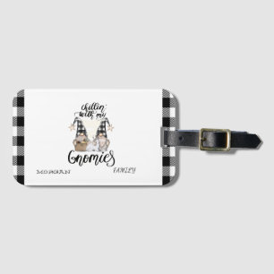 Adorable Cute Gnomes Black Buffalo Plaid Luggage Tag