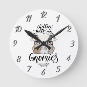 Adorable Cute Gnomes Black Buffalo Plaid Round Clock