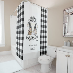 Adorable Cute Gnomes Black Buffalo Plaid Shower Curtain