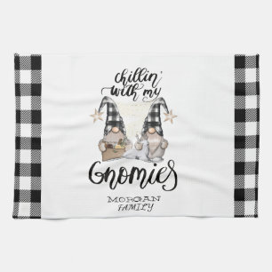Adorable Cute Gnomes Black Buffalo Plaid Tea Towel