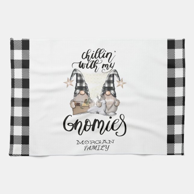 Adorable Cute Gnomes Black Buffalo Plaid Tea Towel (Horizontal)
