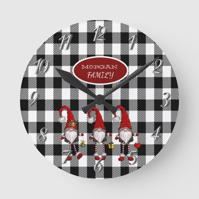 Adorable Cute Gnomes Buffalo Plaid Round Clock (Front)