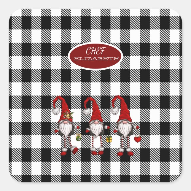 Adorable Cute Gnomes Buffalo Plaid Square Sticker (Front)