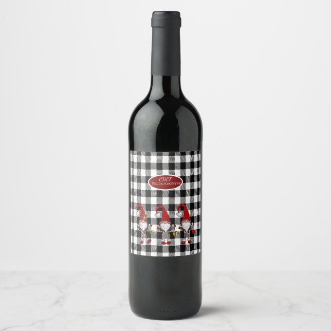 Adorable Cute Gnomes Buffalo Plaid Wine Label (Front)