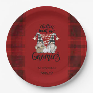 Adorable Cute Gnomes Red Buffalo Plaid Paper Plate