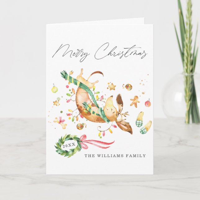 Adorable Cute Happy Dog Dachshund Christmas Lights Holiday Card (Front)