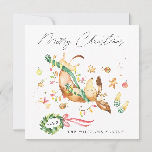 Adorable Cute Happy Dog Dachshund Christmas Lights Holiday Card (Front)