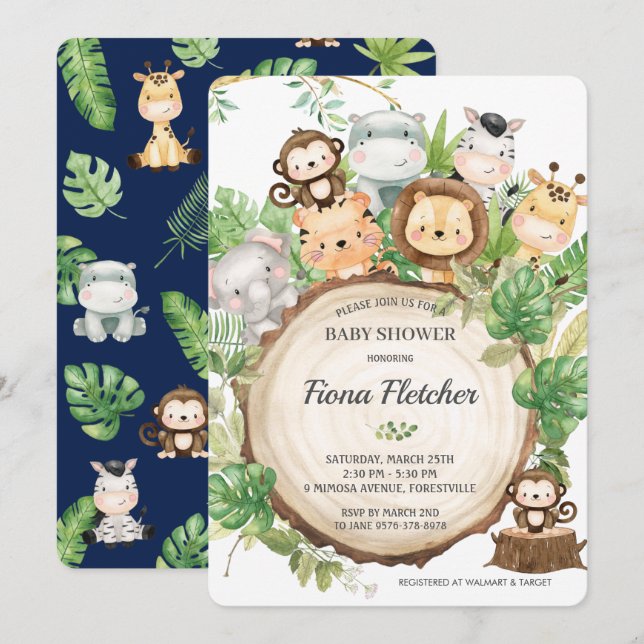 Adorable Cute Jungle Animals Greenery Baby Shower Invitation (Front/Back)