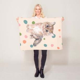 Adorable cute kitty Meow kitten polka dots pink Fleece Blanket