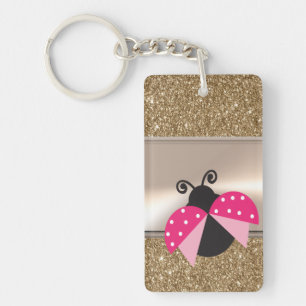 Adorable Cute Ladybug On Gold Glitter Key Ring