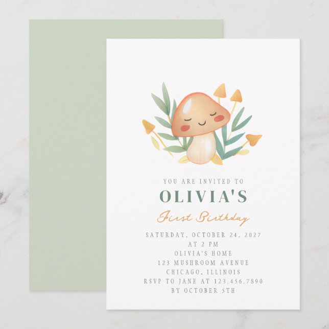Adorable Cute Little Mushroom First Birthday Party Invitation (Front/Back)