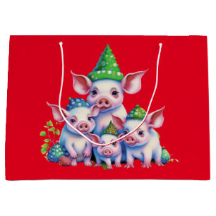 Adorable Cute Little Piggies Christmas Tree Red Large Gift Bag