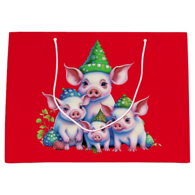 Adorable Cute Little Piggies Christmas Tree Red Large Gift Bag (Front)