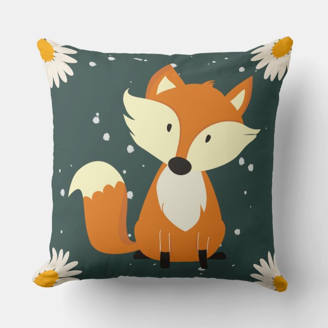 Adorable cute orange fox snowflakes flowers blue cushion (Front)