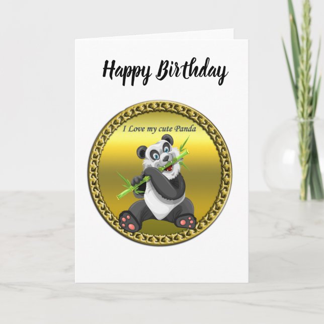 Adorable cute panda bear eating bamboo evergreen card (Front)