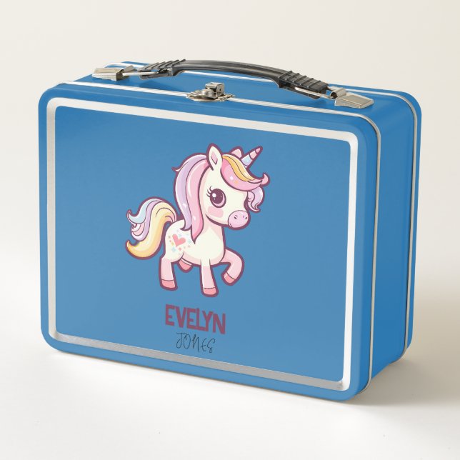 Adorable Cute Pastel Unicorn with Kids Name Metal Lunch Box (Front)