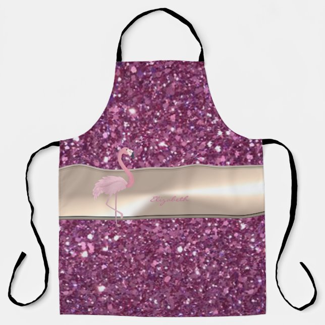 Adorable Cute Pink Flamingo  On Glittery Apron (Front)