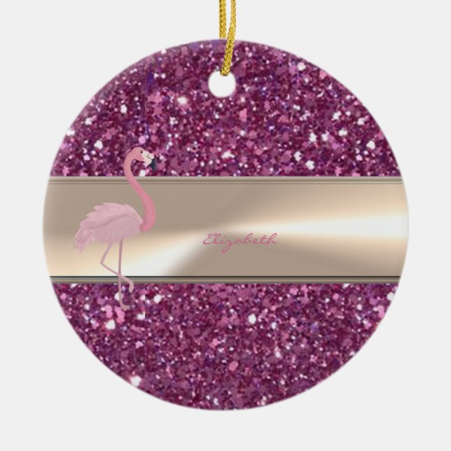 Adorable Cute Pink Flamingo  On Glittery Ceramic Tree Decoration (Front)