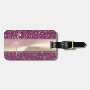 Adorable Cute Pink Flamingo  On Glittery Luggage Tag