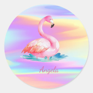 Adorable Cute Pink Flamingos Holographic Classic Round Sticker