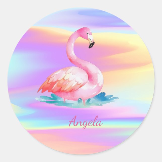 Adorable Cute Pink Flamingos Holographic Classic Round Sticker (Front)