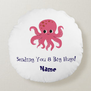 Adorable Cute Pink Octopus Kawaii Illustration Round Cushion
