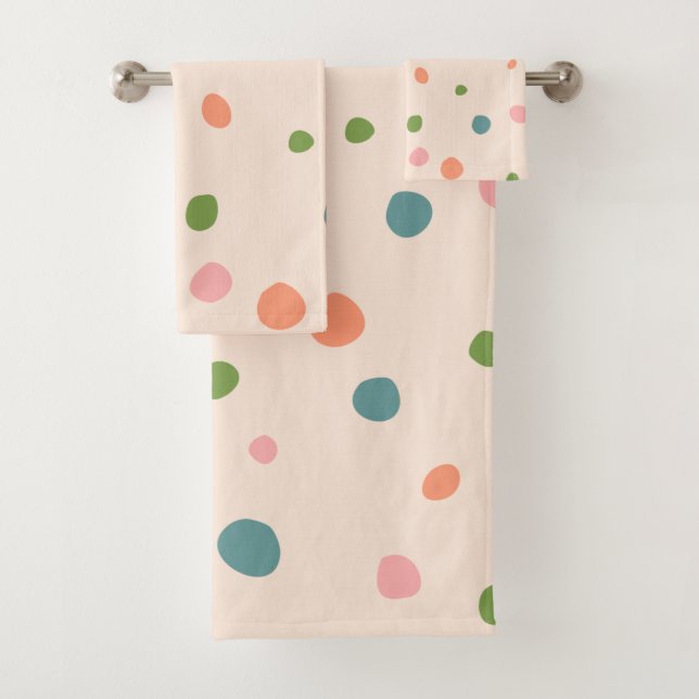 Adorable cute polka dots modern pink green blue bath towel set (Insitu)