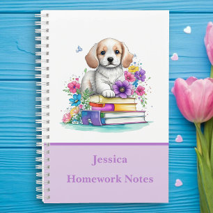 Adorable Cute Puppy Dog & Books Watercolor School