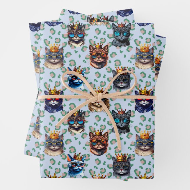 Adorable Cute Royal Cats Repeating Pattern Wrapping Paper Sheet (In situ)