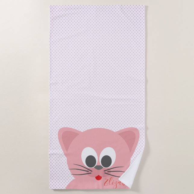 Adorable Cute  Whimsical Cartoon Cat -Personalised Beach Towel (Front)