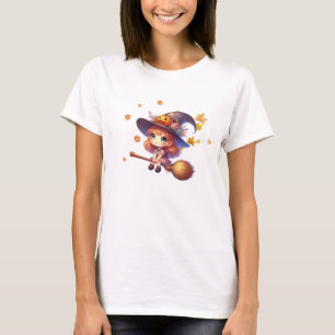 Adorable Cute Witch flying with broom, Halloween T-Shirt