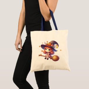 Adorable Cute Witch flying with broom, Halloween Tote Bag