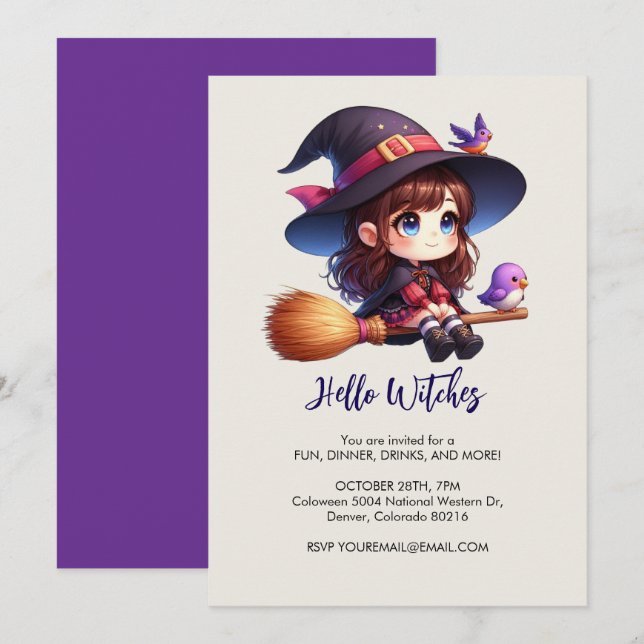 Adorable Cute Witch with 2 birds, Halloween Invitation (Front/Back)